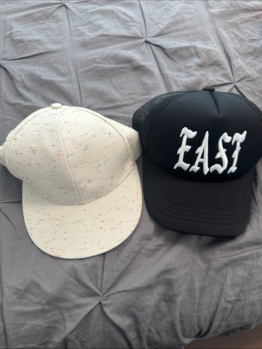 Black 'EAST' Trucker Hat & Speckled Cream Baseball Cap - Set